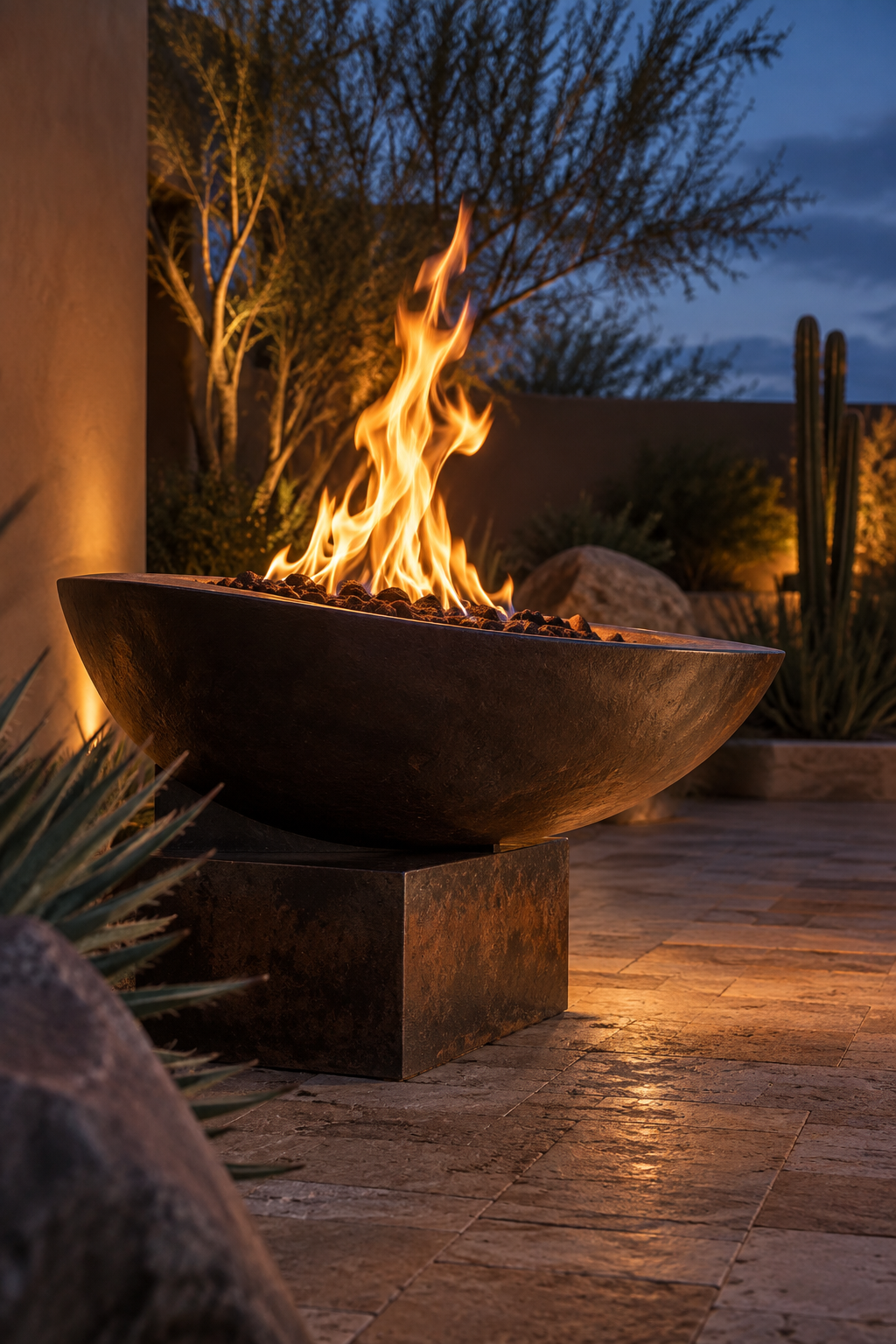 Sculptural fire bowl casting warm light across an Arizona courtyard