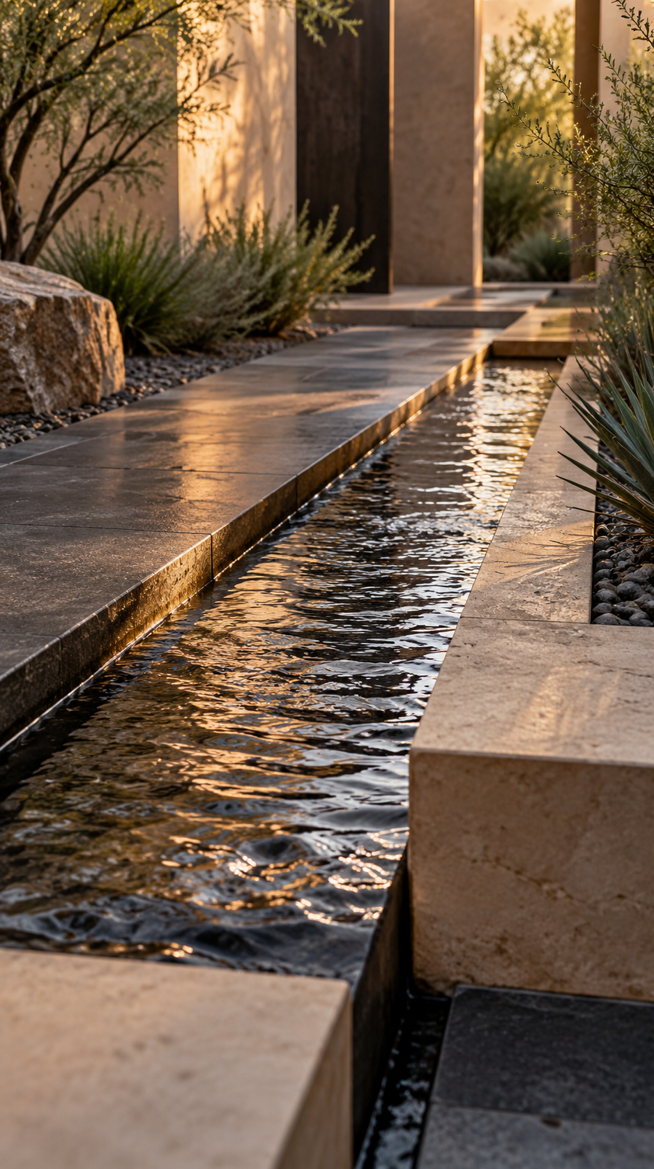 Architectural water rill expressing flow, reflection and movement