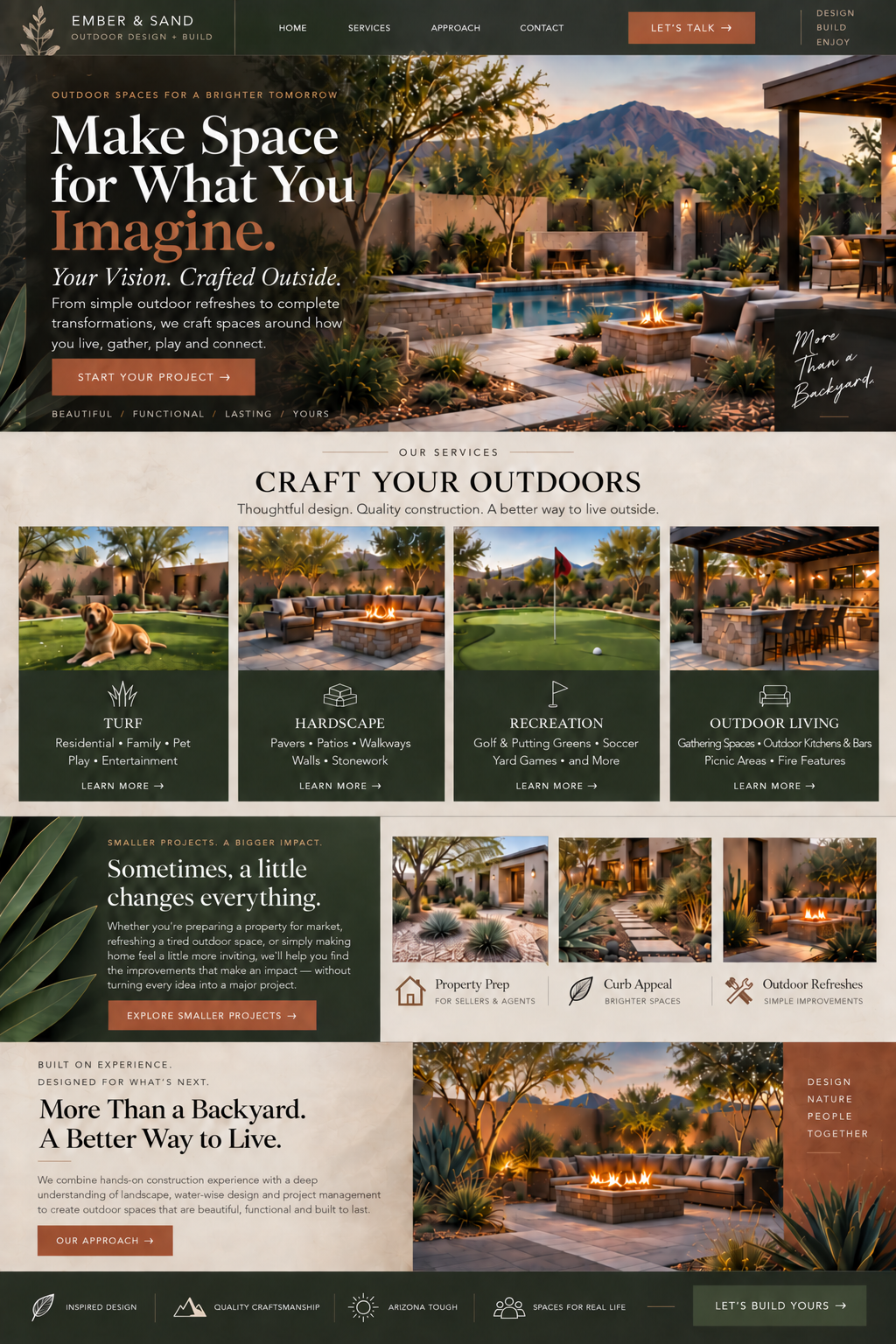 Ember & Sand Outdoor Design + Build homepage featuring modern Arizona outdoor spaces, turf, hardscape, recreation, outdoor living, property preparation, curb appeal, and outdoor refreshes.