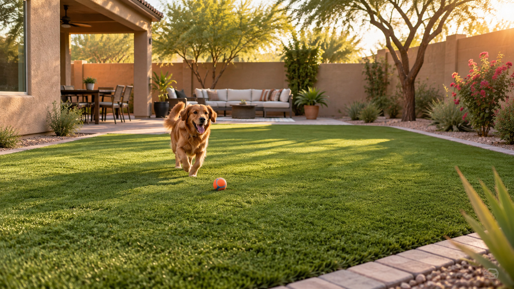 Installed turf landscape with a putting flag